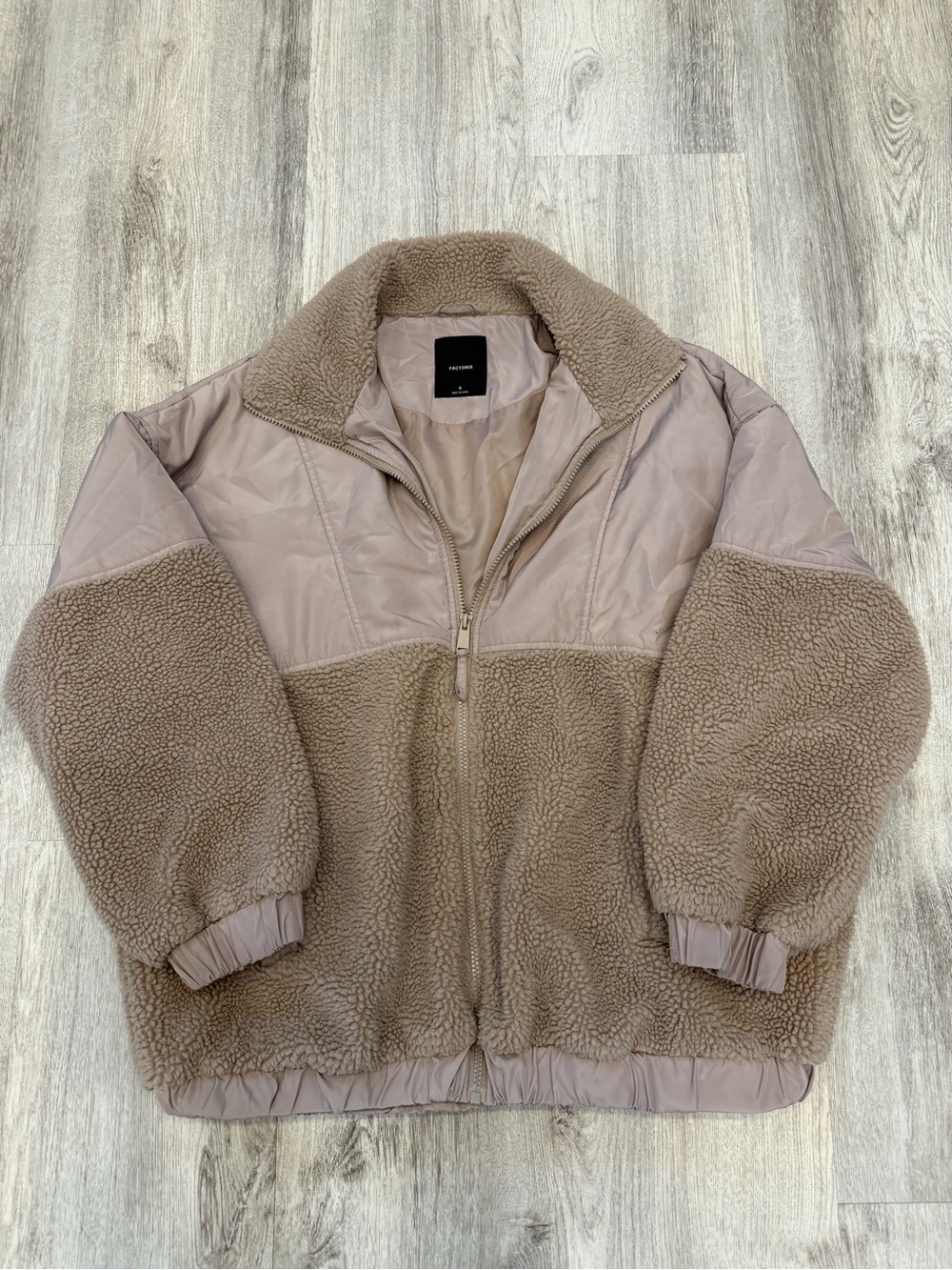 Factorie Small Taupe Sherpa Fleece Colorblock Full Zip Jacket